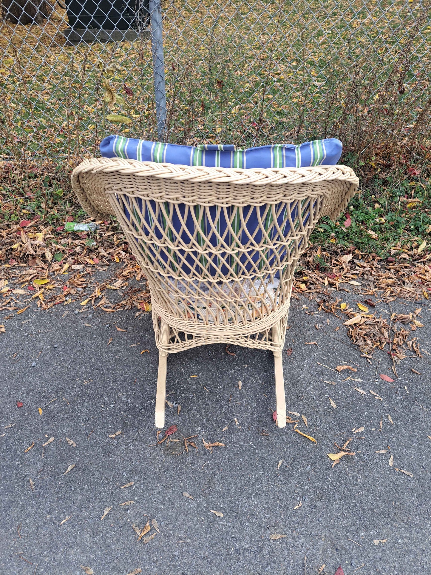 Wicker Rocking Chair with Blue and Red Cushions