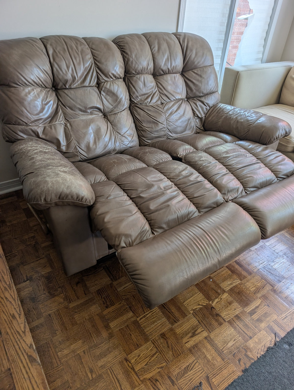 Two-seat reclining sofa condition and recliner detail 6