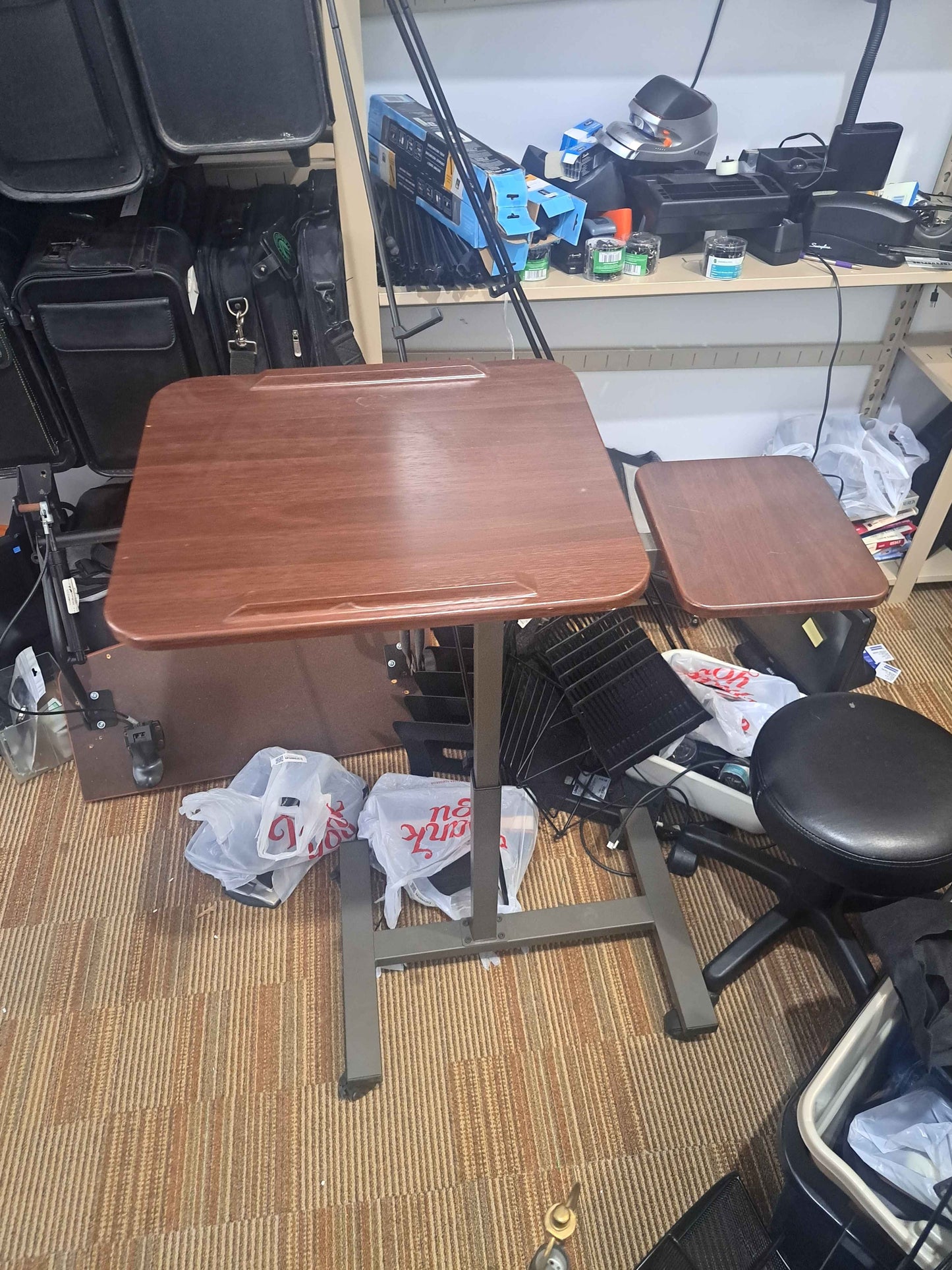 Adjustable Overbed Rolling Table with Side Platform – Walnut Finish