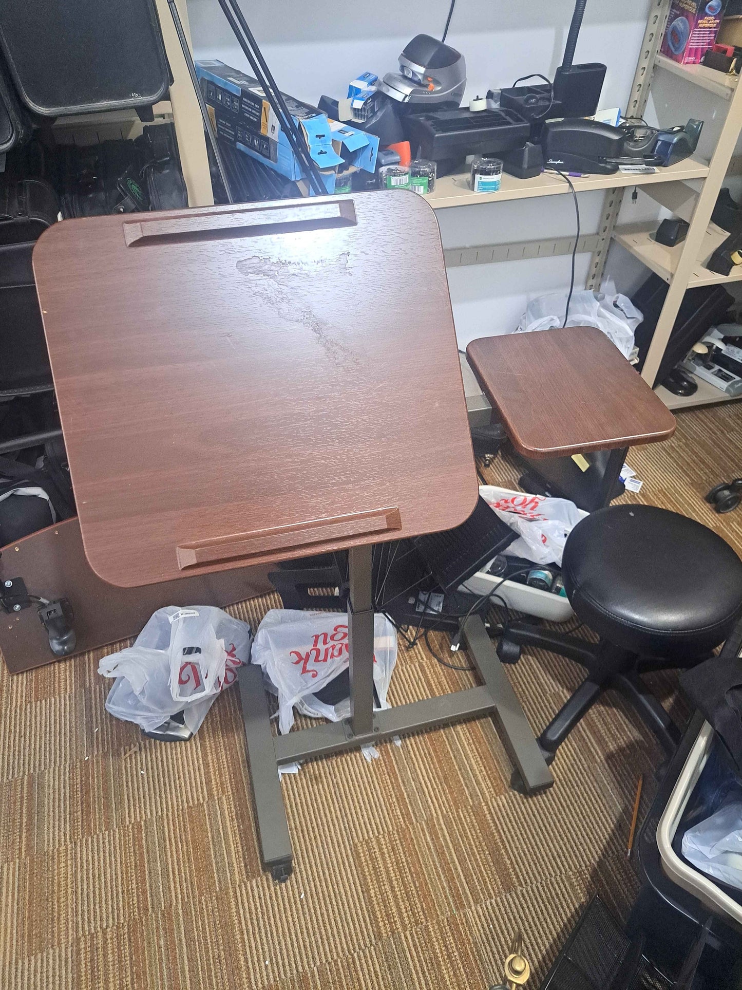 Adjustable Overbed Rolling Table with Side Platform – Walnut Finish