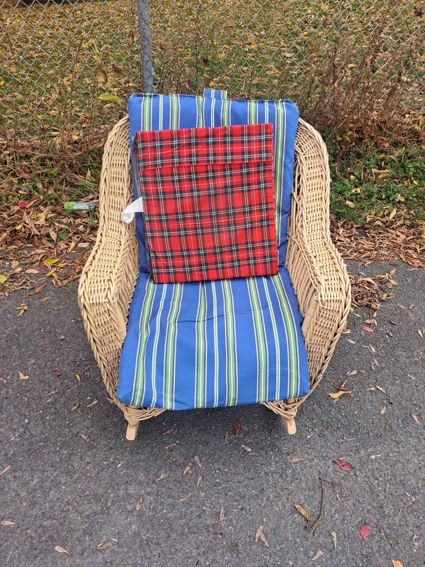 Wicker Rocking Chair with Blue and Red Cushions