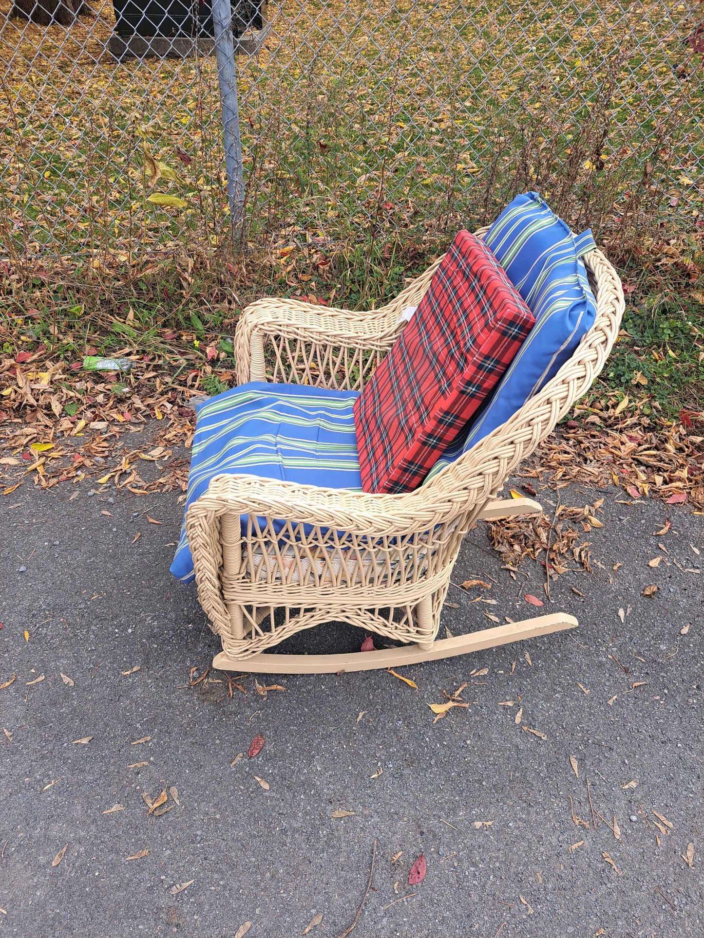 Wicker Rocking Chair with Blue and Red Cushions
