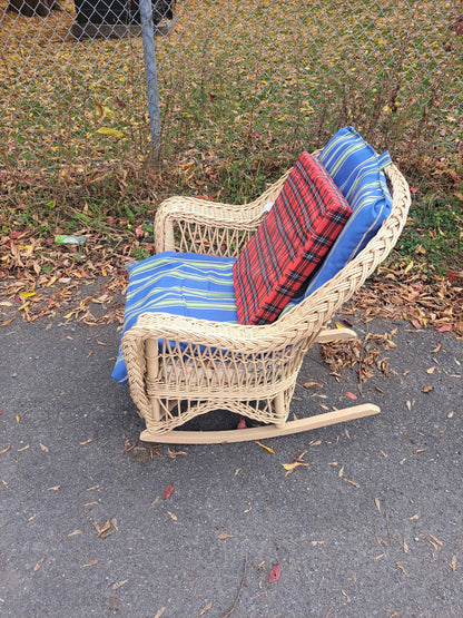 Wicker Rocking Chair with Blue and Red Cushions