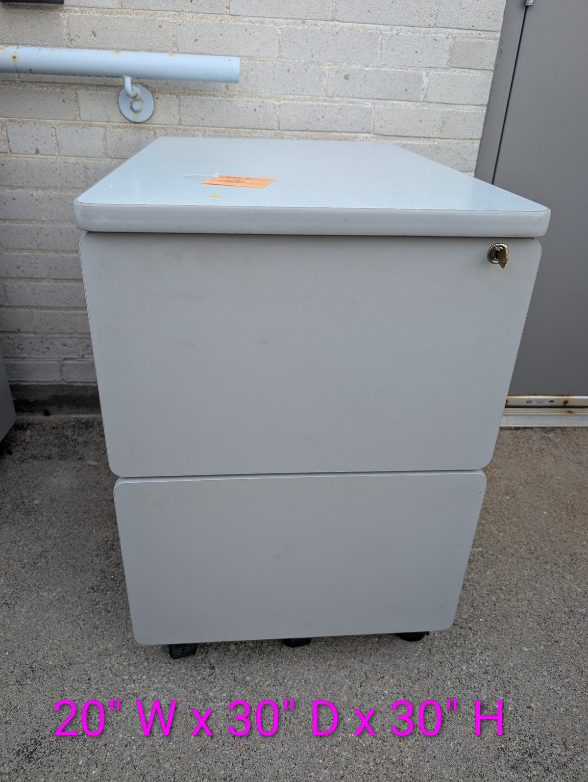 Grey two drawer mobile filing cabinet front view with dimensions