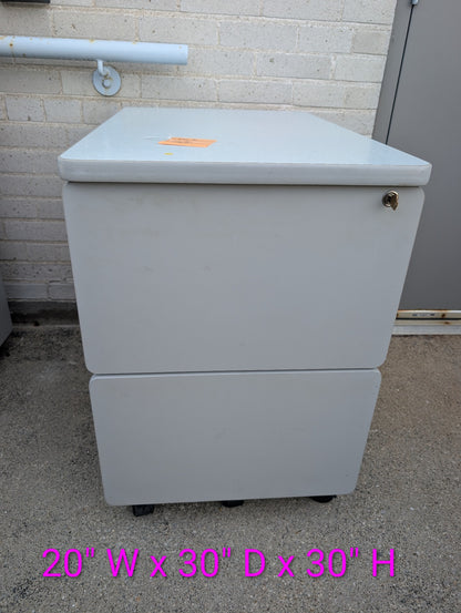Grey two drawer mobile filing cabinet front view with dimensions