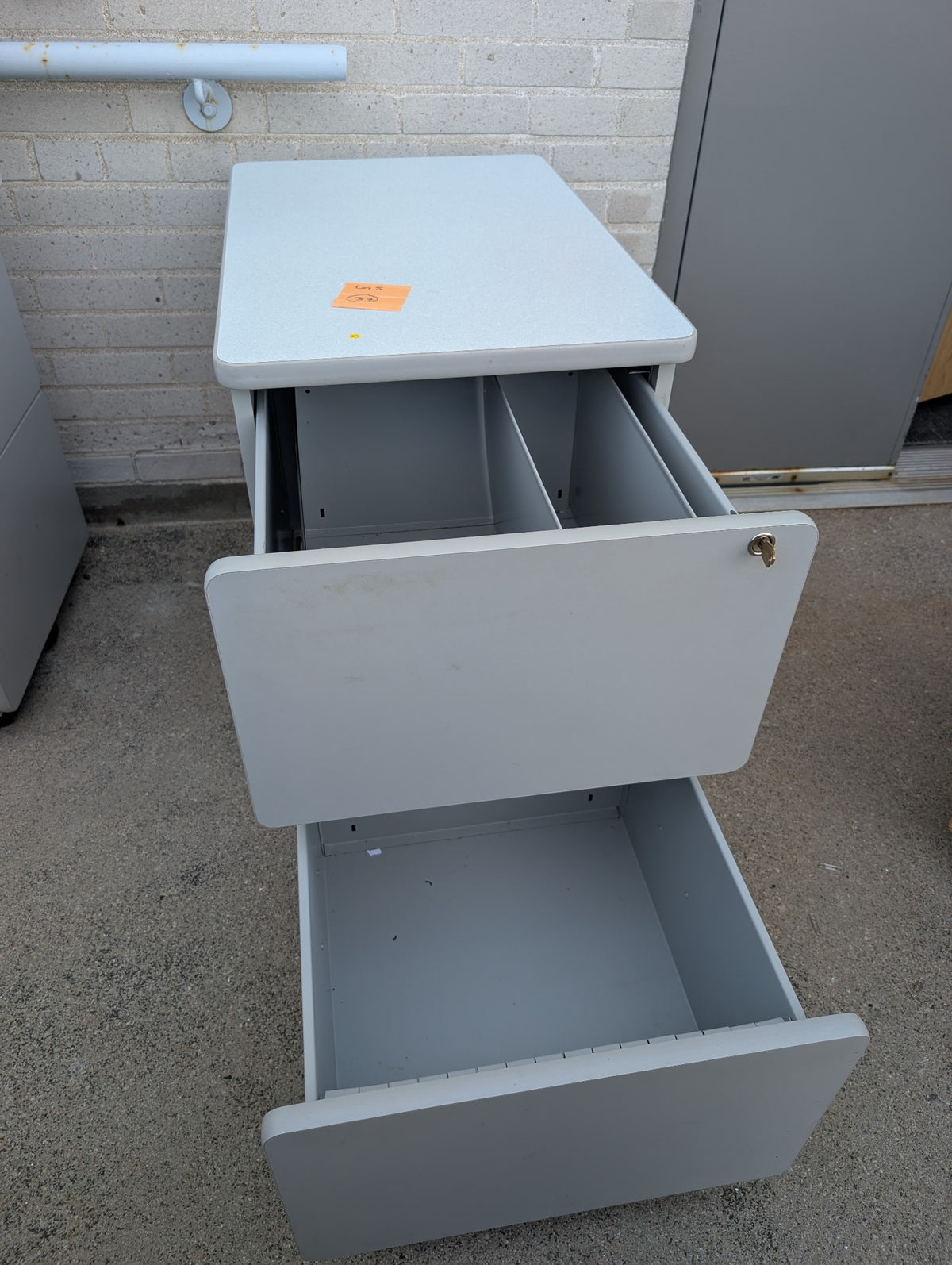 Grey two drawer mobile filing cabinet drawer detail