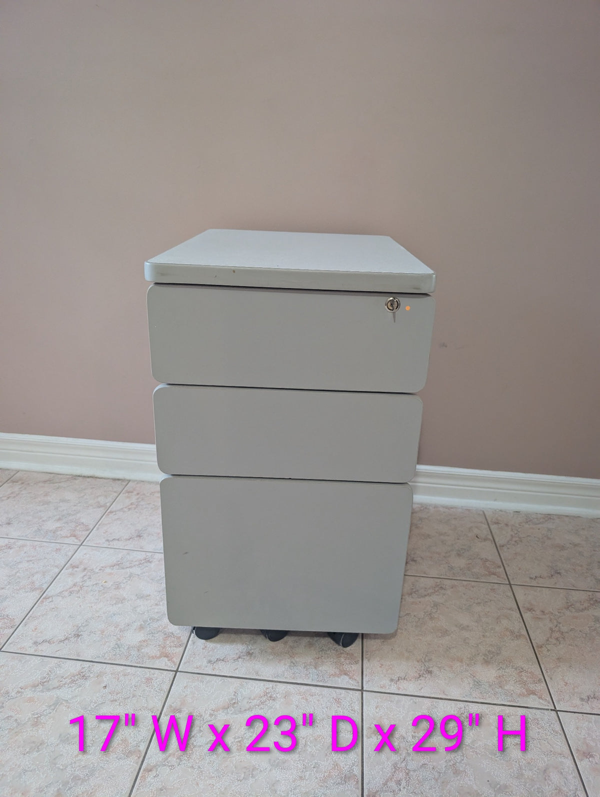 Grey mobile filing cabinet 17 inches wide 23 inches deep 29 inches high