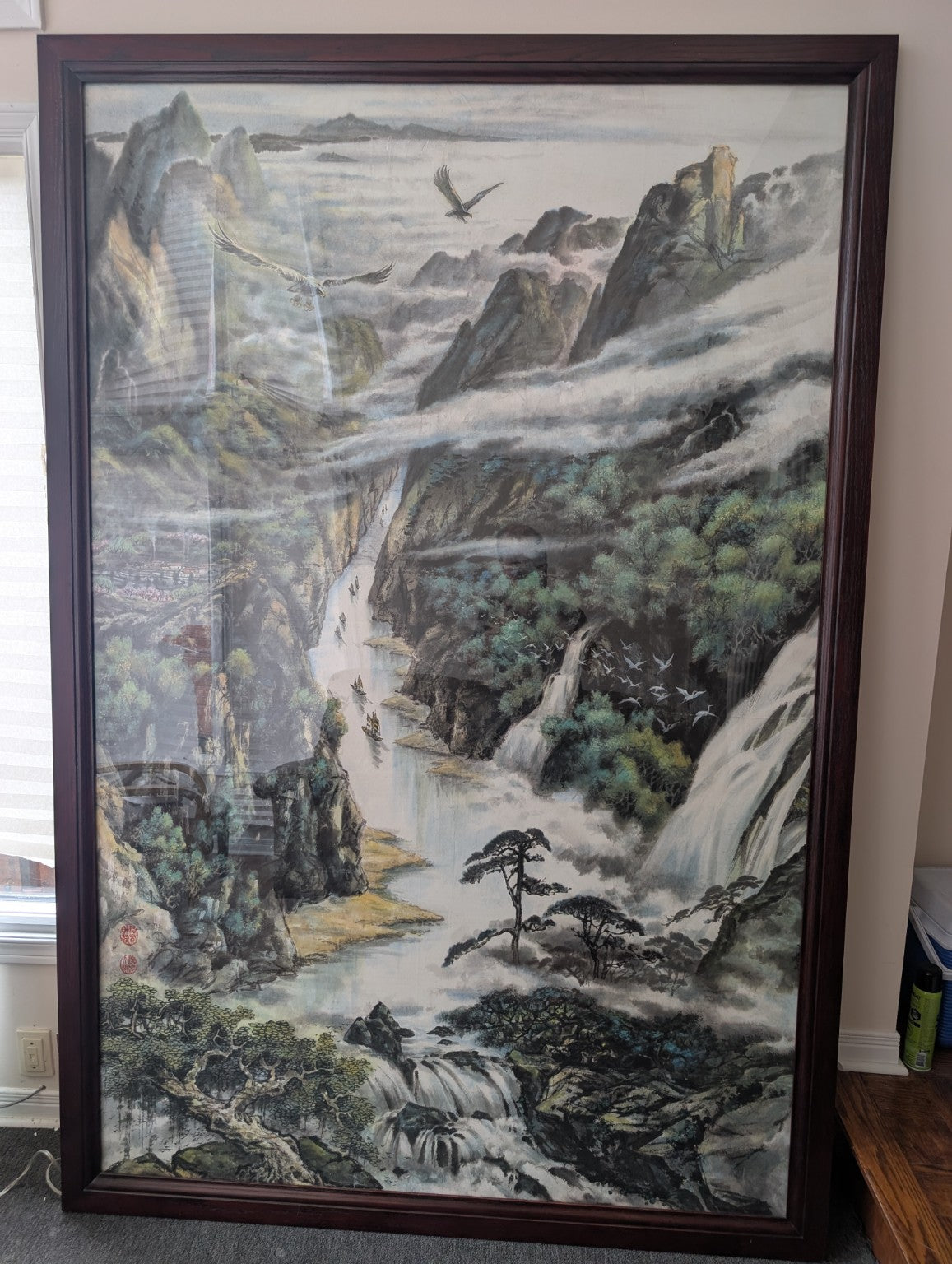 Large framed hand-painted Chinese landscape, 80 inches high by 48 inches wide