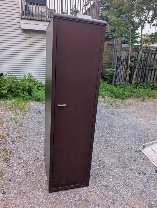 Dark reddish-brown wardrobe cabinet with hanging rail and upper shelf, view 1
