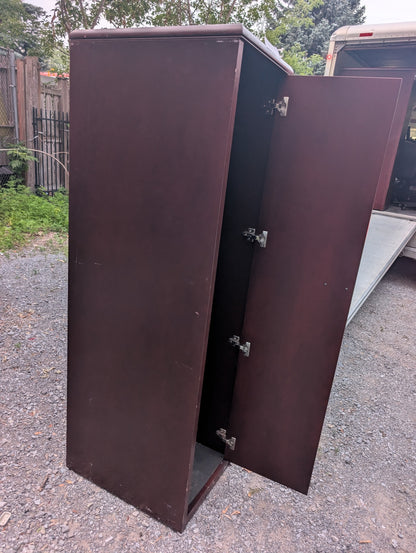 Dark reddish-brown wardrobe cabinet with hanging rail and upper shelf, view 3
