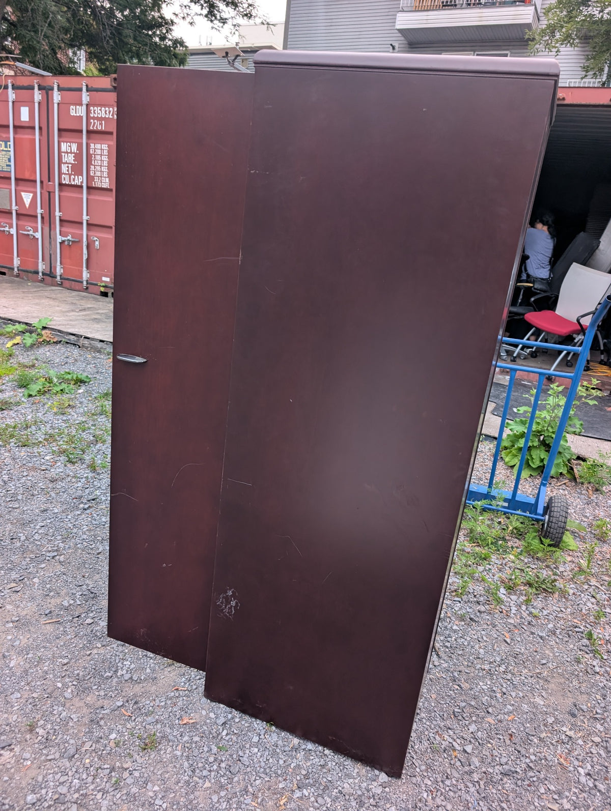 Dark reddish-brown wardrobe cabinet with hanging rail and upper shelf, view 4