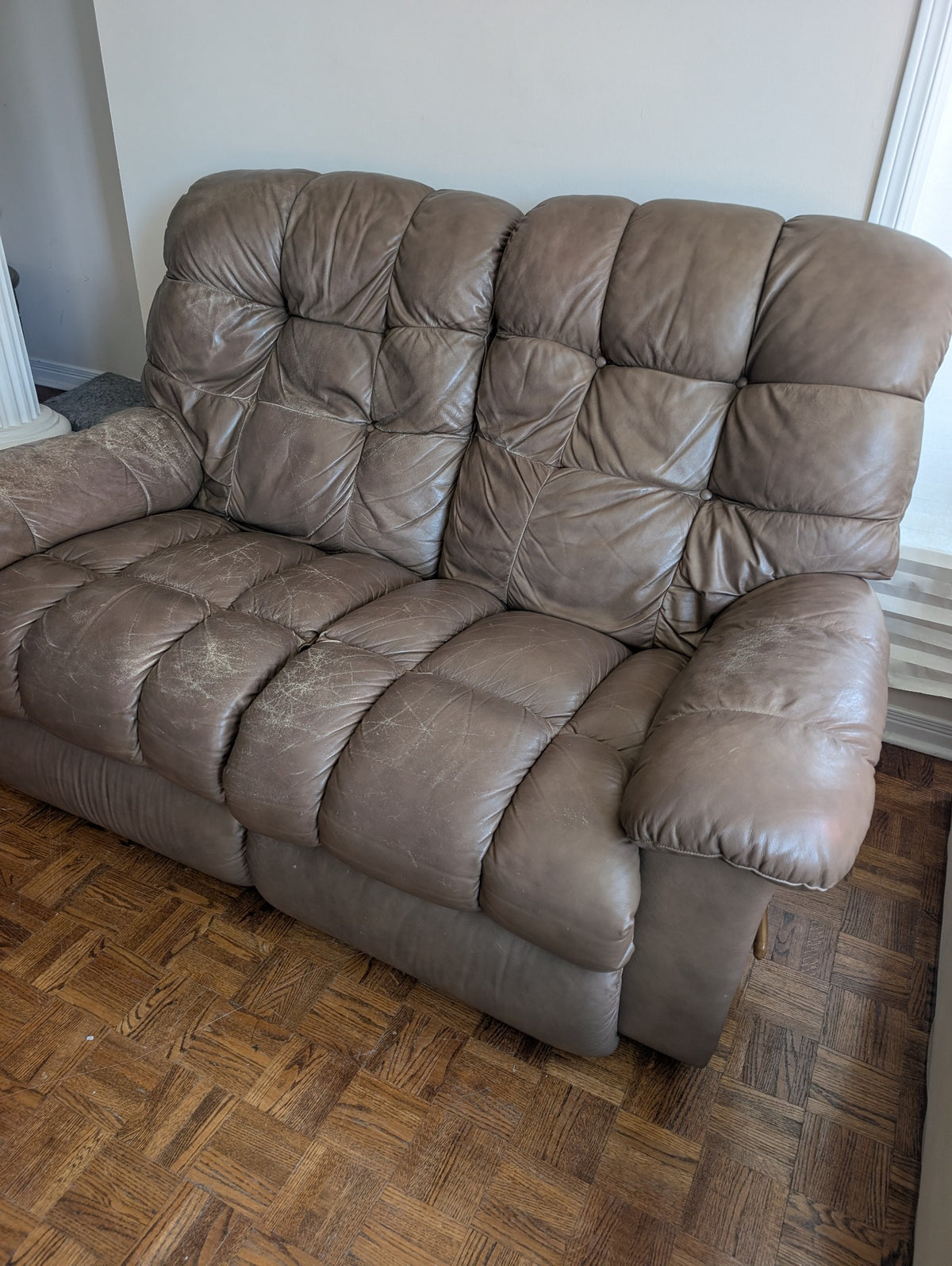 Two-seat reclining sofa condition and recliner detail 2