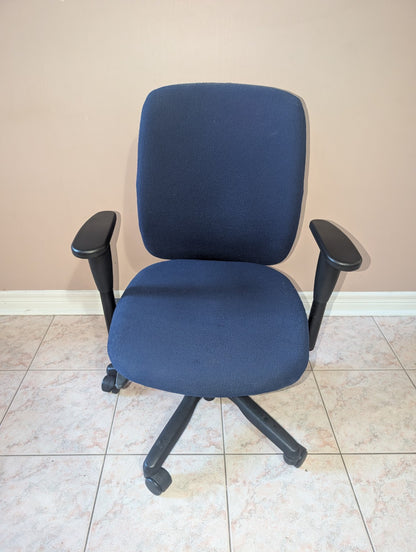 Blue Teknion Amicus fabric office chair, front view