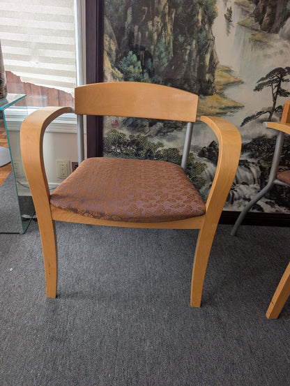 Wood arm guest chair with patterned upholstered seat, front view