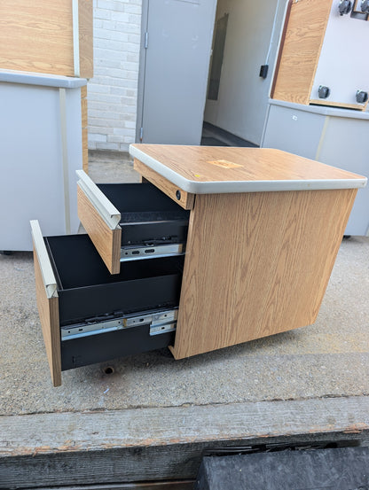 Woodgrain two drawer cabinet with drawers open